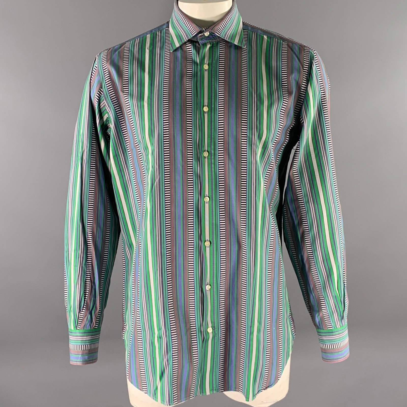 Etro Size L Green Mixed Stripe Cotton Long Sleeve Shirt